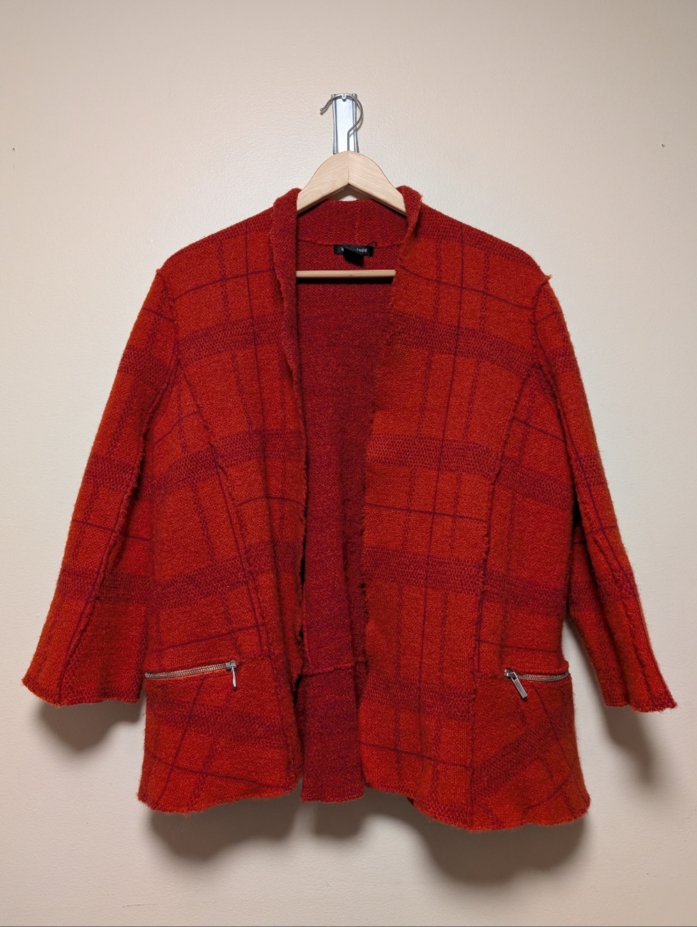 Katie Todd Wool Open Jacket Red Orange Plaid Size L